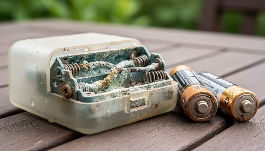 Disassembled solar light showing corroded battery contacts and internal components