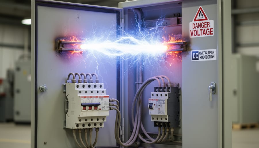 Electric arc fault showing bright plasma between conductors demonstrating high-voltage DC hazard