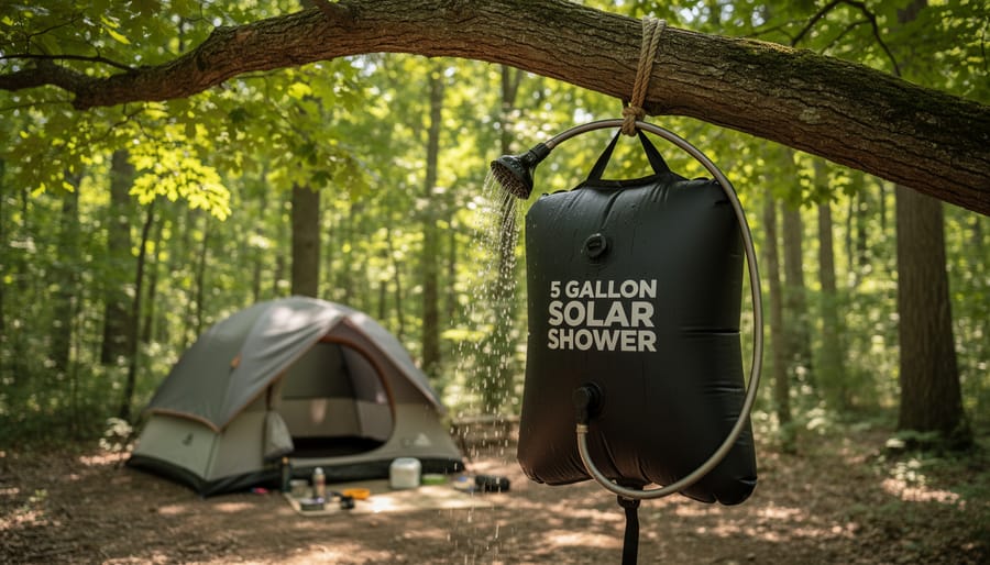 Black 5-gallon solar shower bucket with nozzle hanging from tree branch at campsite