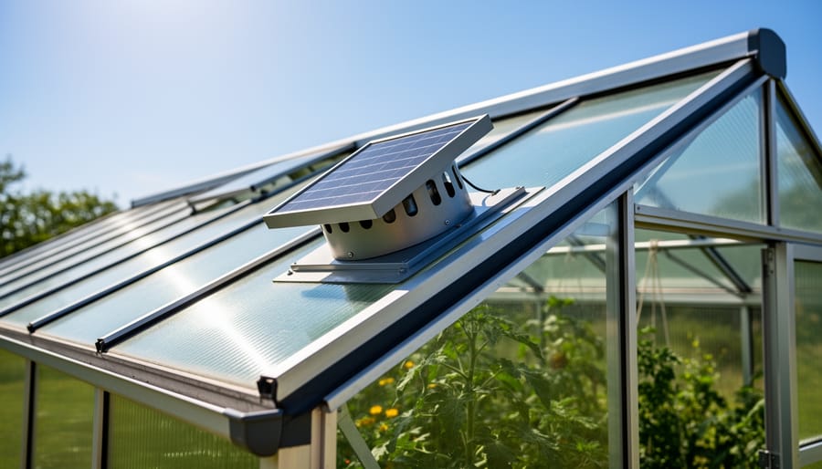 Solar-powered ventilation fan mounted on greenhouse roof with plants visible below