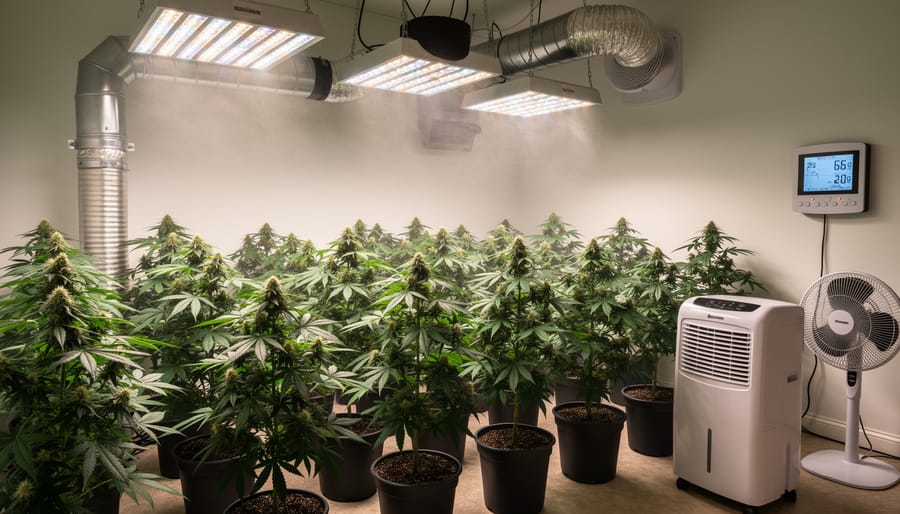Healthy thriving plants growing inside well-ventilated greenhouse with optimal conditions