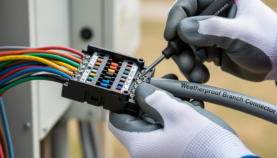 Solar installer connecting MC4 cable to branch connector on rooftop array