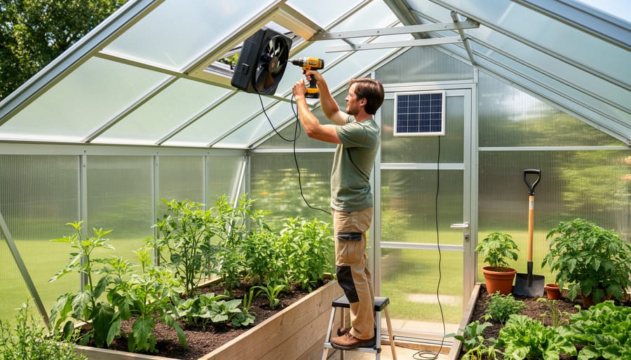 Person installing solar ventilation fan on greenhouse roof during sunny afternoon