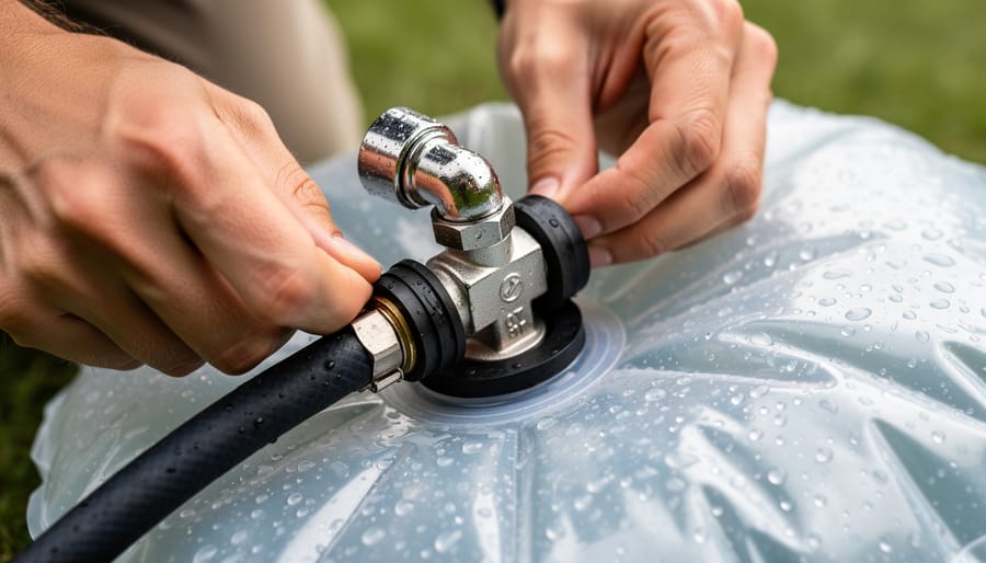 Close-up of hands installing shower nozzle valve into black bucket with rubber seal