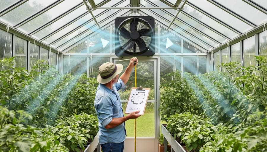 Person measuring greenhouse dimensions to calculate ventilation requirements