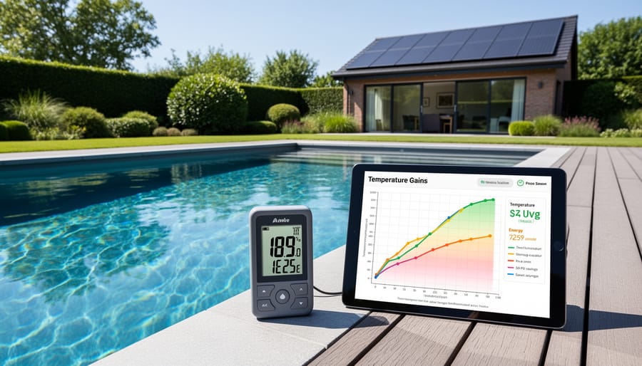 Hand holding digital thermometer measuring heated pool water temperature