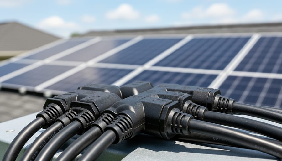 Close-up of Y-shaped solar branch connector with MC4 cables attached