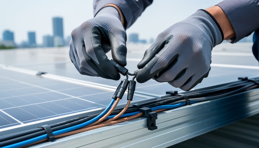 Gloved technician connecting an MC4 Y-branch connector between solar panel leads on a rooftop array, with blurred panels and neatly managed wiring in the background under bright overcast light.