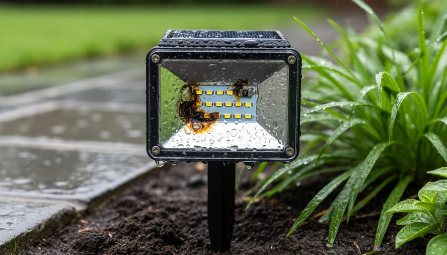 Close-up of solar garden light with water condensation visible inside clear housing