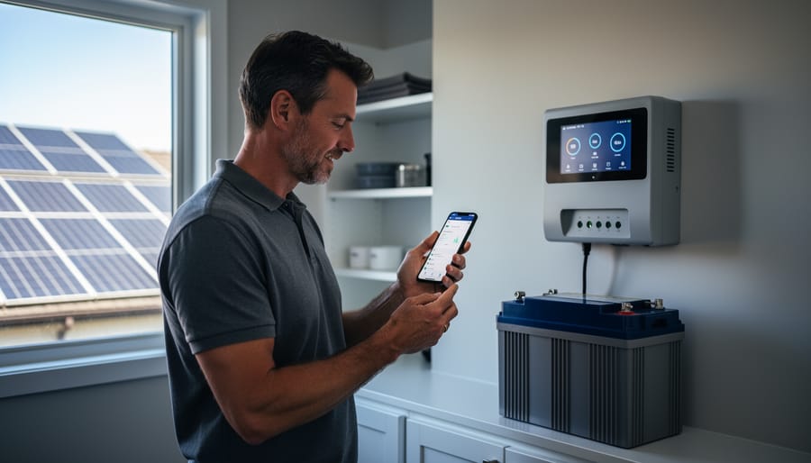 Homeowner in a utility room checking solar performance on a smartphone next to a wall-mounted charge controller and stacked lithium battery bank, with sunlit rooftop panels visible through a window.