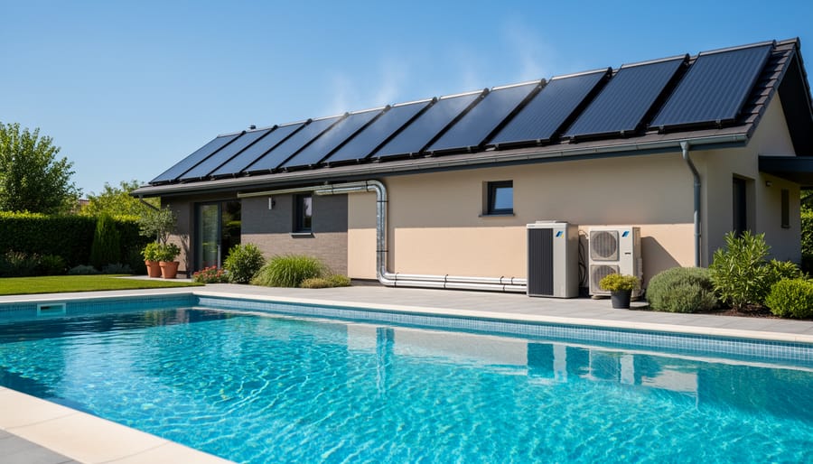 Close-up of black solar pool heating collectors with water circulation tubes