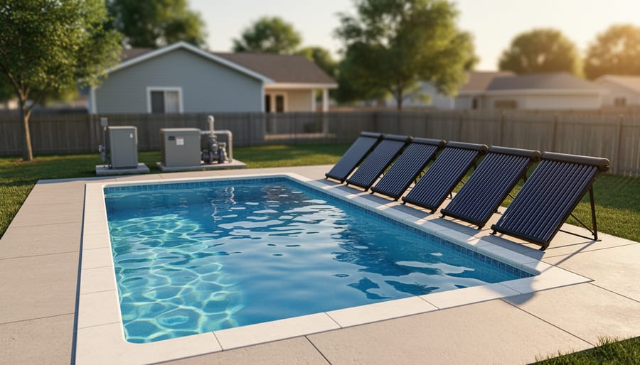 Overhead angled view of a suburban backyard pool with black solar thermal panels on a ground rack beside the water, lit by golden hour sunlight, with the house, trees, and equipment pad softly blurred in the background.