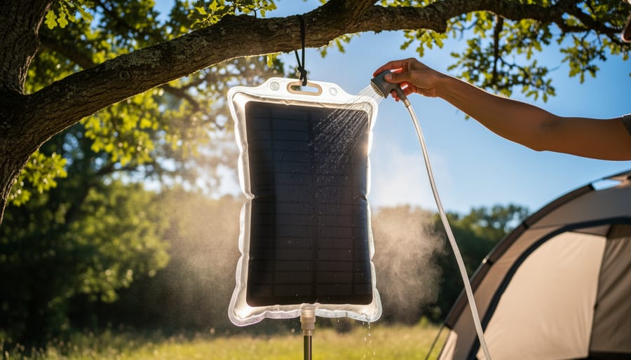 Black solar shower bucket positioned in direct sunlight with blue sky background