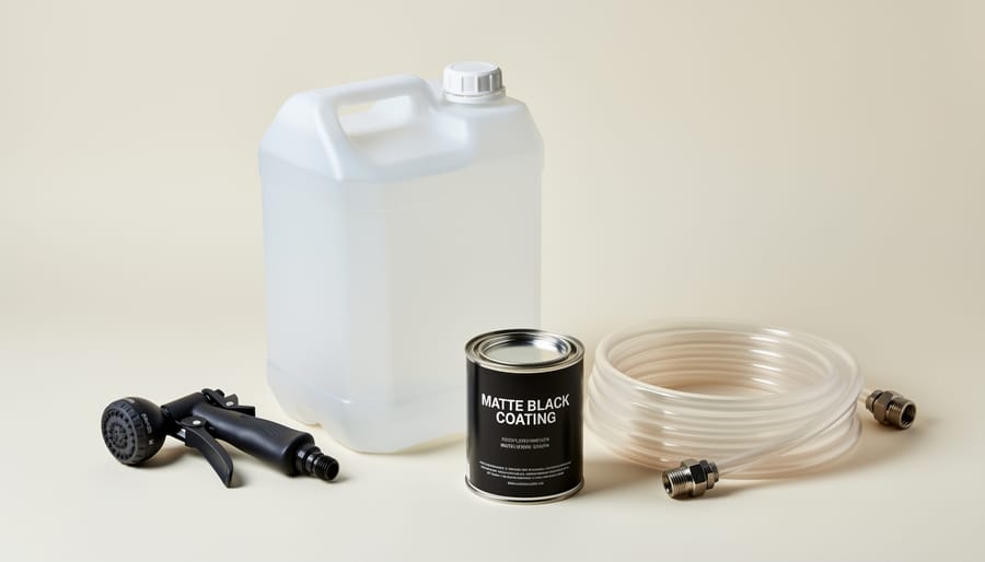 Overhead view of materials needed to build a solar shower including bucket, nozzle, and tools