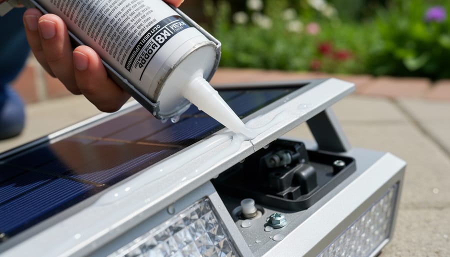 Hands applying weatherproof silicone sealant to solar light housing seam