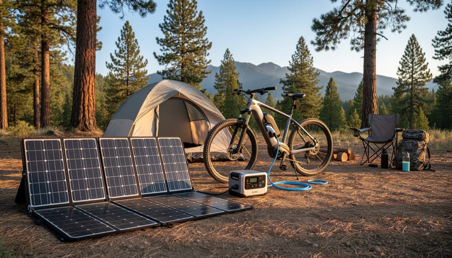 An ebike near a foldable solar panel at a campsite, connected to J1772 solar charging gear.