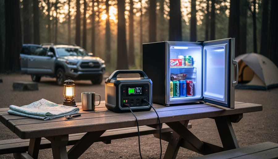 Close-up of a mini-fridge and power cord connected to a portable power station