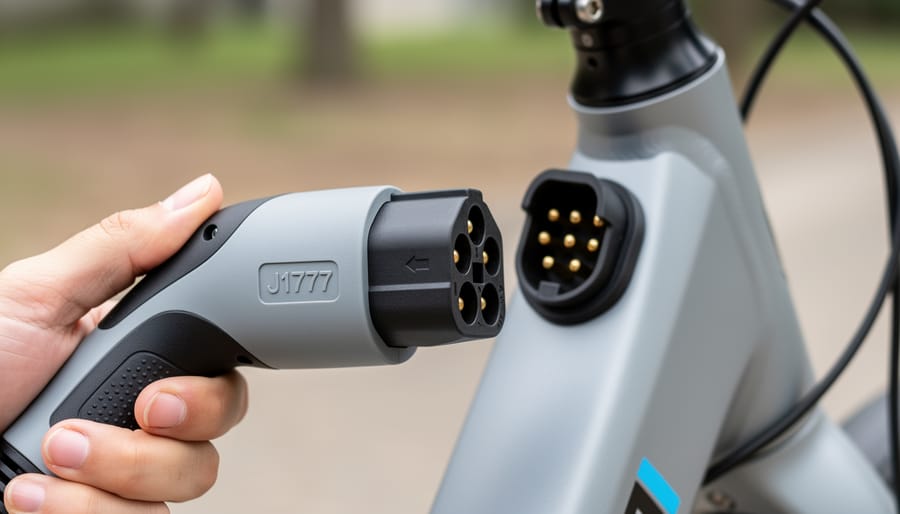 Close-up view of a J1772 connector plugged into an ebike charging port.