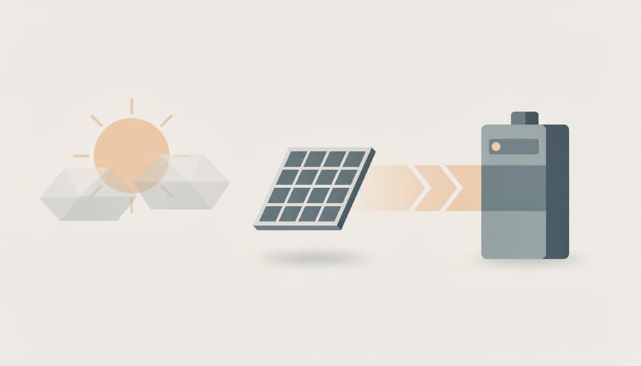 Conceptual photorealistic view of a battery-buffer charging setup with tidy cabling powering an ebike.
