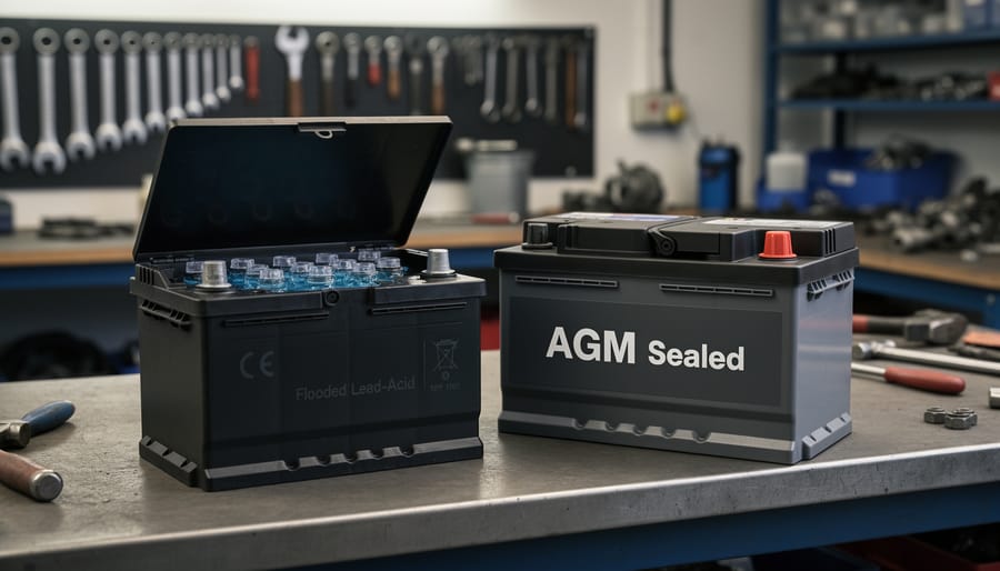 Flooded lead-acid battery with removable caps and visible electrolyte next to a sealed AGM battery case in a workshop.