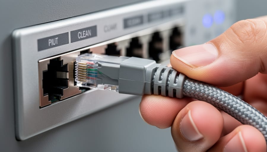 Hands connecting an Ethernet cable to the SolarEdge inverter with the RJ45 connector fully seated.