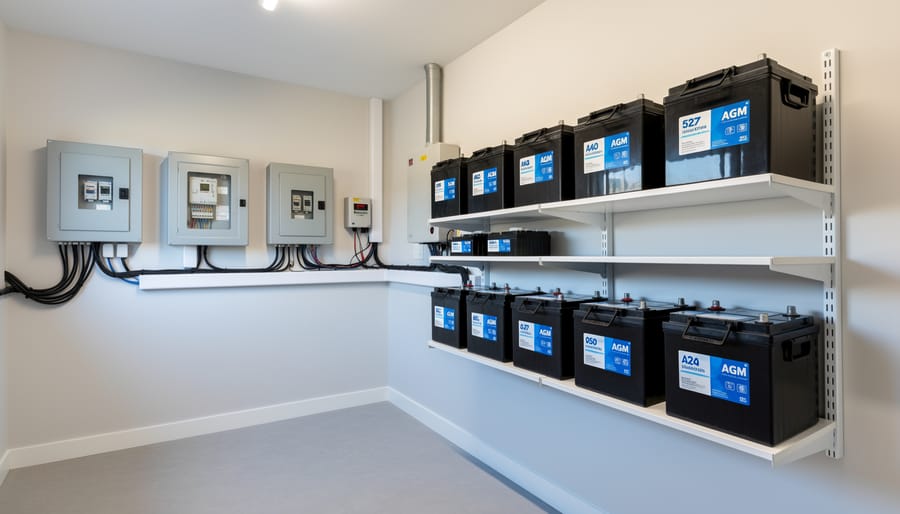 Indoor utility closet with a tidy rack of sealed AGM batteries for an off-grid solar system.