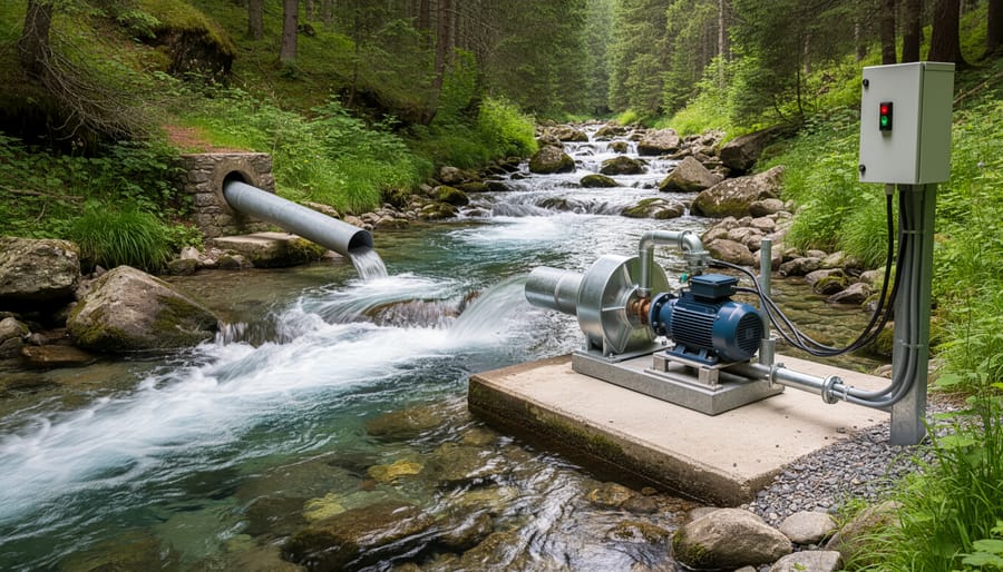 Micro-hydro turbine and water flow beside a creek in natural surroundings.