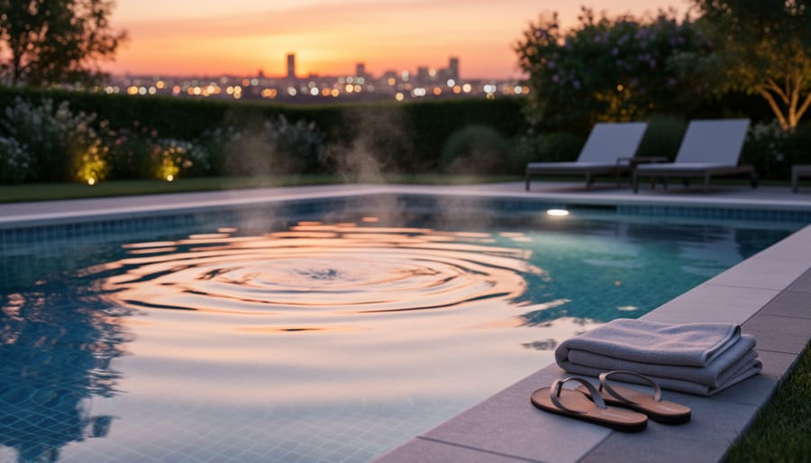 People relaxing and swimming in a backyard pool with warm twilight reflections on the water
