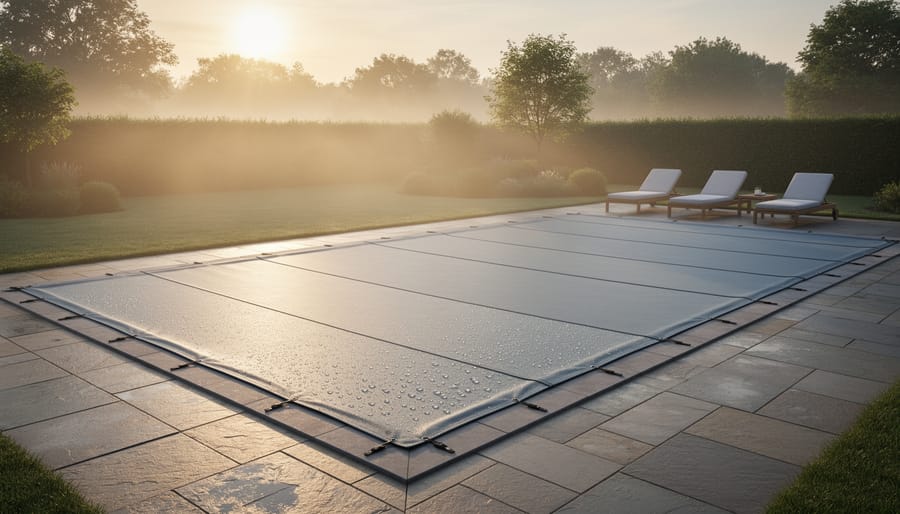 Pool cover on an outdoor pool at sunrise with the water surface visible beneath