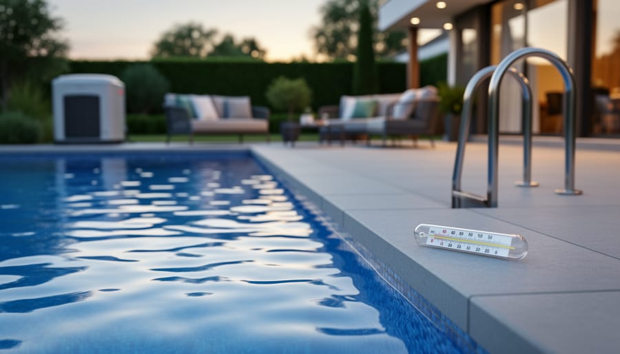 “Thermometer placed on the pool deck next to a residential swimming pool with warm reflections on the water, illustrating proper heating temperature.”