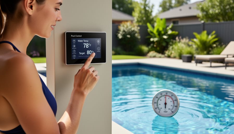 Pool thermometer and heating controls placed near the pool edge in an indoor setting