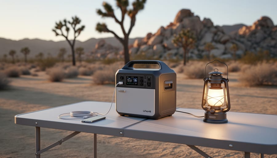 Portable power station on a camping table in the desert powering a portable fridge, phone charging cable, and LED lights near Joshua Tree.