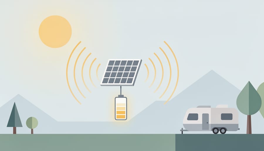 Portable power station charging from solar panels outdoors at sunrise