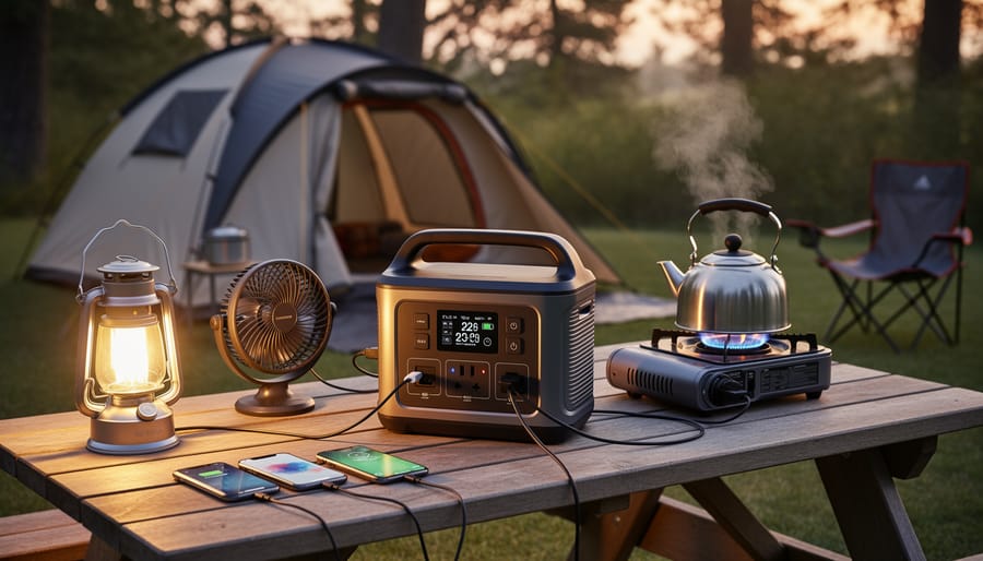 Portable power station on a camping table charging a phone next to a lantern