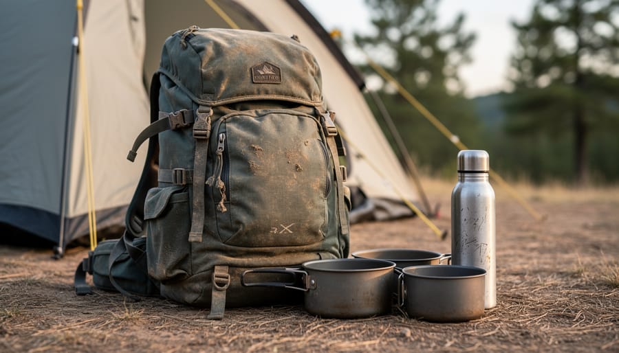 Portable power station with visible wear resting on grass near a campsite