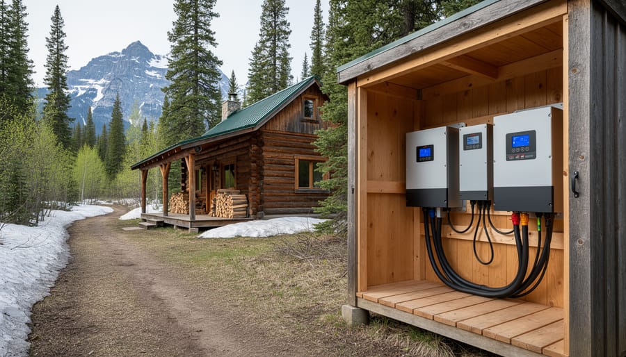 Remote off-grid cabin at dusk with solar panels and a battery shed in the yard.