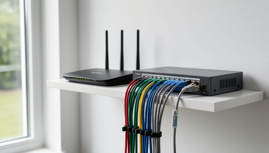 Router and network equipment with neatly organized Ethernet cables connected for SolarEdge monitoring.