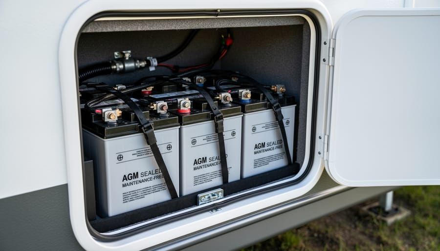 Sealed AGM battery bank mounted inside an RV storage compartment with organized wiring.