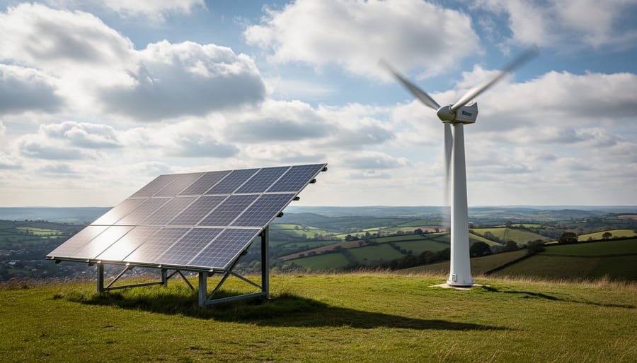 Small wind turbine standing on a rural hill during golden hour.