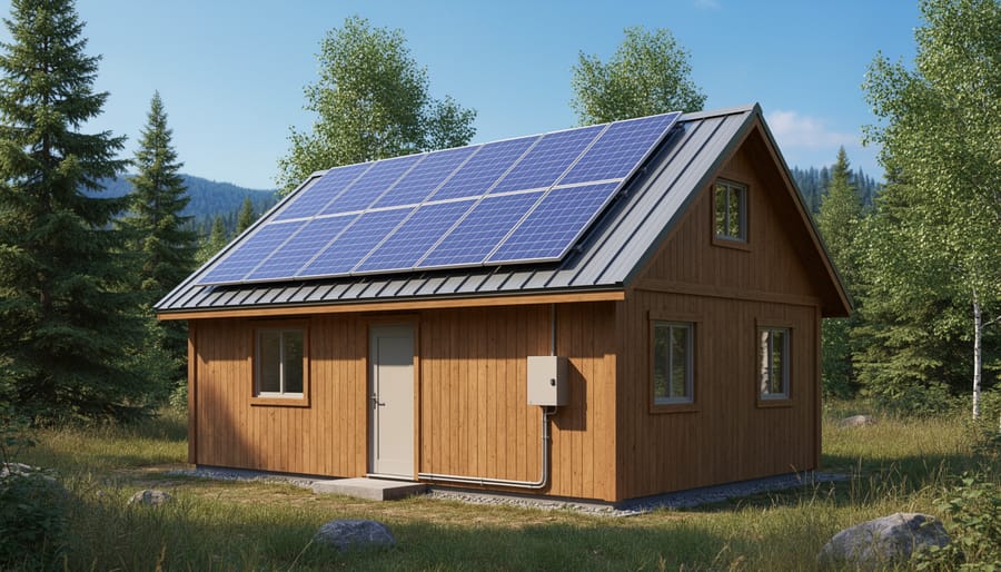 Solar panels installed on an off-grid cabin roof in overcast daylight.