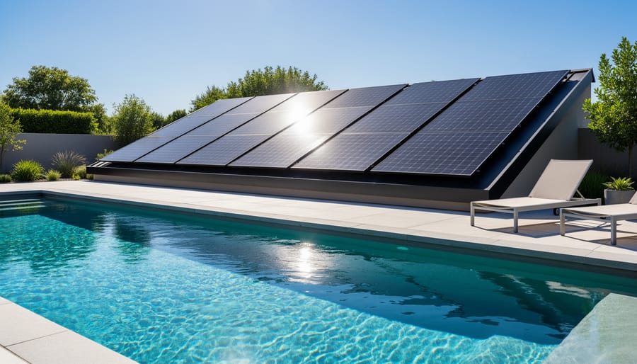 Solar pool heating collectors mounted on a home roof with sunlight reflecting off the panels
