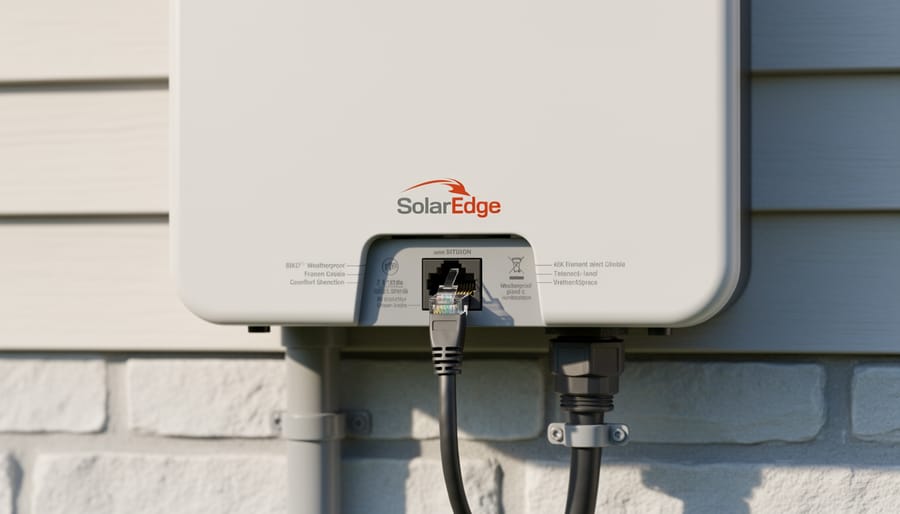 SolarEdge inverter mounted outdoors with an Ethernet cable routed neatly toward the network.
