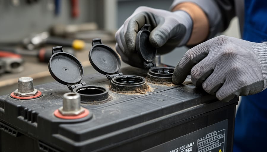 Technician checking water level on a flooded lead-acid battery using a funnel near removable caps.