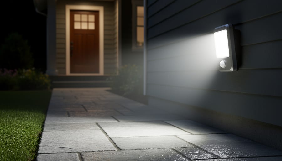 AloftSun solar motion sensor outdoor light illuminating a garden walkway