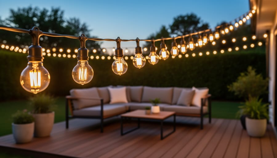 Brightech Ambience Pro solar string lights glowing on a patio