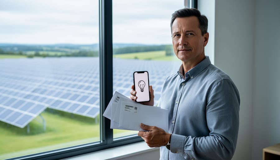 Homeowner reviewing non-text energy mail near a window while viewing distant community solar panels in an open field.