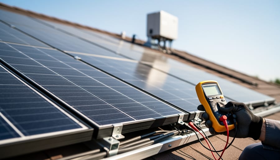 A DIY solar rooftop with solar panels and a multimeter being used near the wiring junction to test electrical performance in bright daylight.
