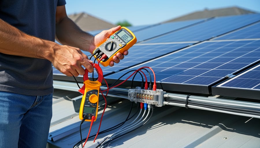 DIYer holding multimeter probes and clamp meter while inspecting solar wiring on a workbench