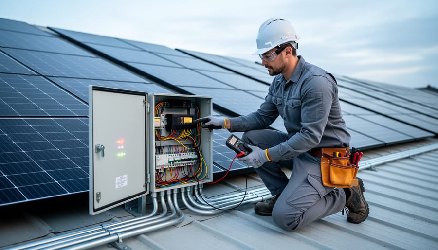 DIY installer kneeling next to an inverter/combiner box on a rooftop solar array, using a multimeter to inspect wiring connected to solar panels.