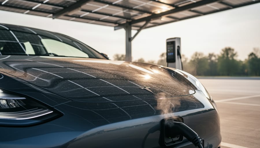 Close-up of an electric vehicle charging outdoors under a solar carport, showing a glossy paint finish in bright natural daylight near the charging pedestal.